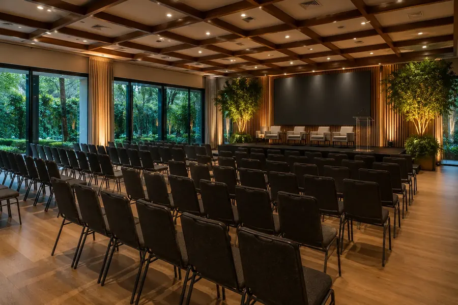 Sala de eventos com teto de madeira e jardim ao fundo
