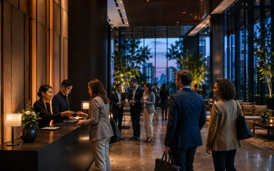 Recepção e check-in de participantes em evento corporativo