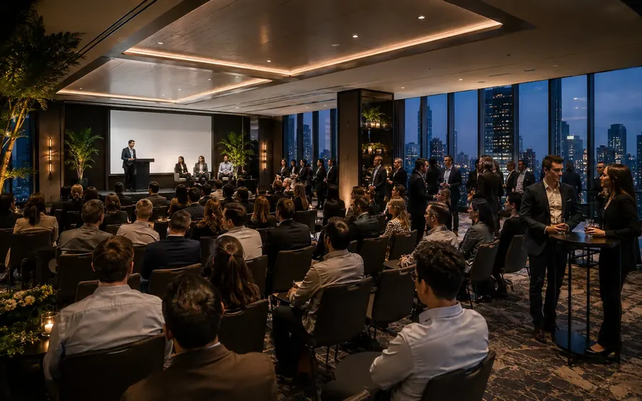 Plateia acompanhando um painel em evento corporativo